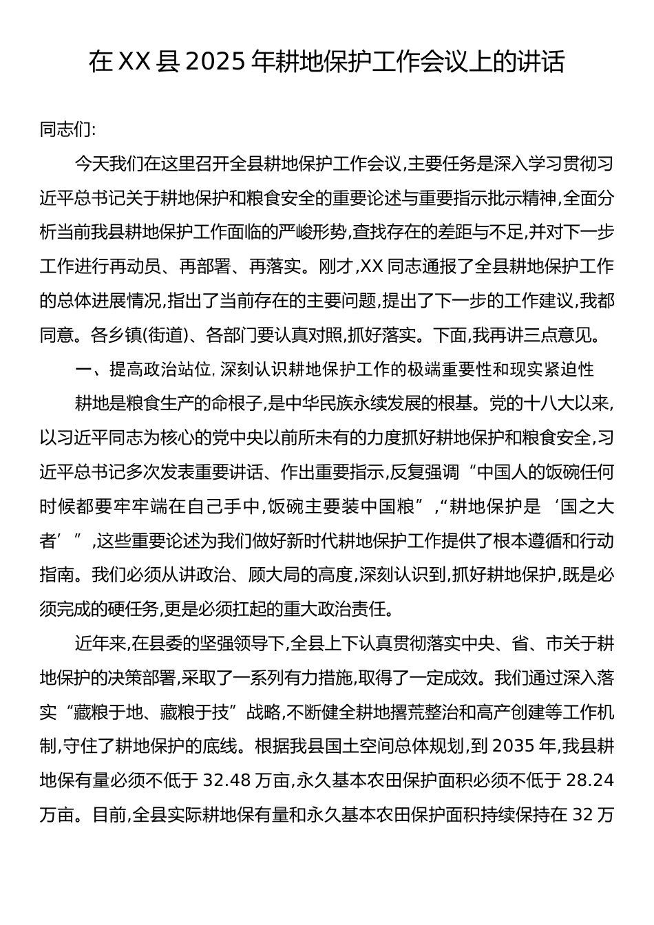 在XX县2025年耕地保护工作会议上的讲话.docx_第1页