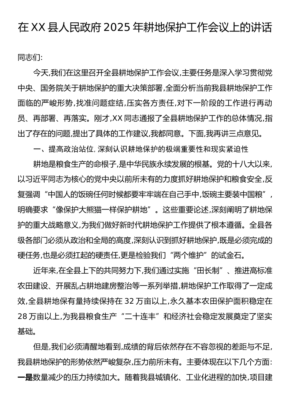 在XX县人民政府2025年耕地保护工作会议上的讲话.docx_第1页