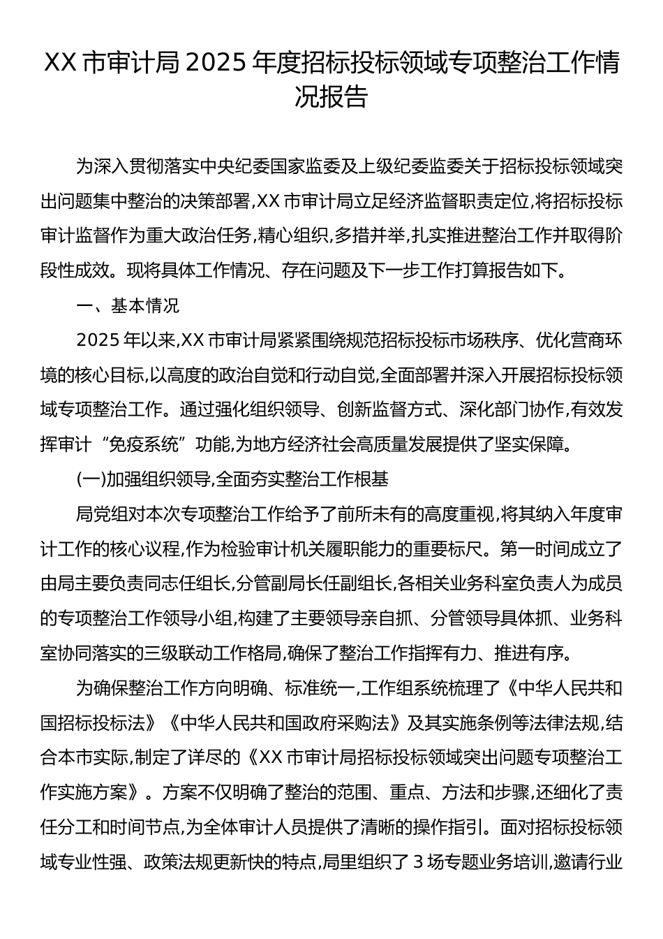 XX市审计局2025年度招标投标领域专项整治工作情况报告.docx_第1页