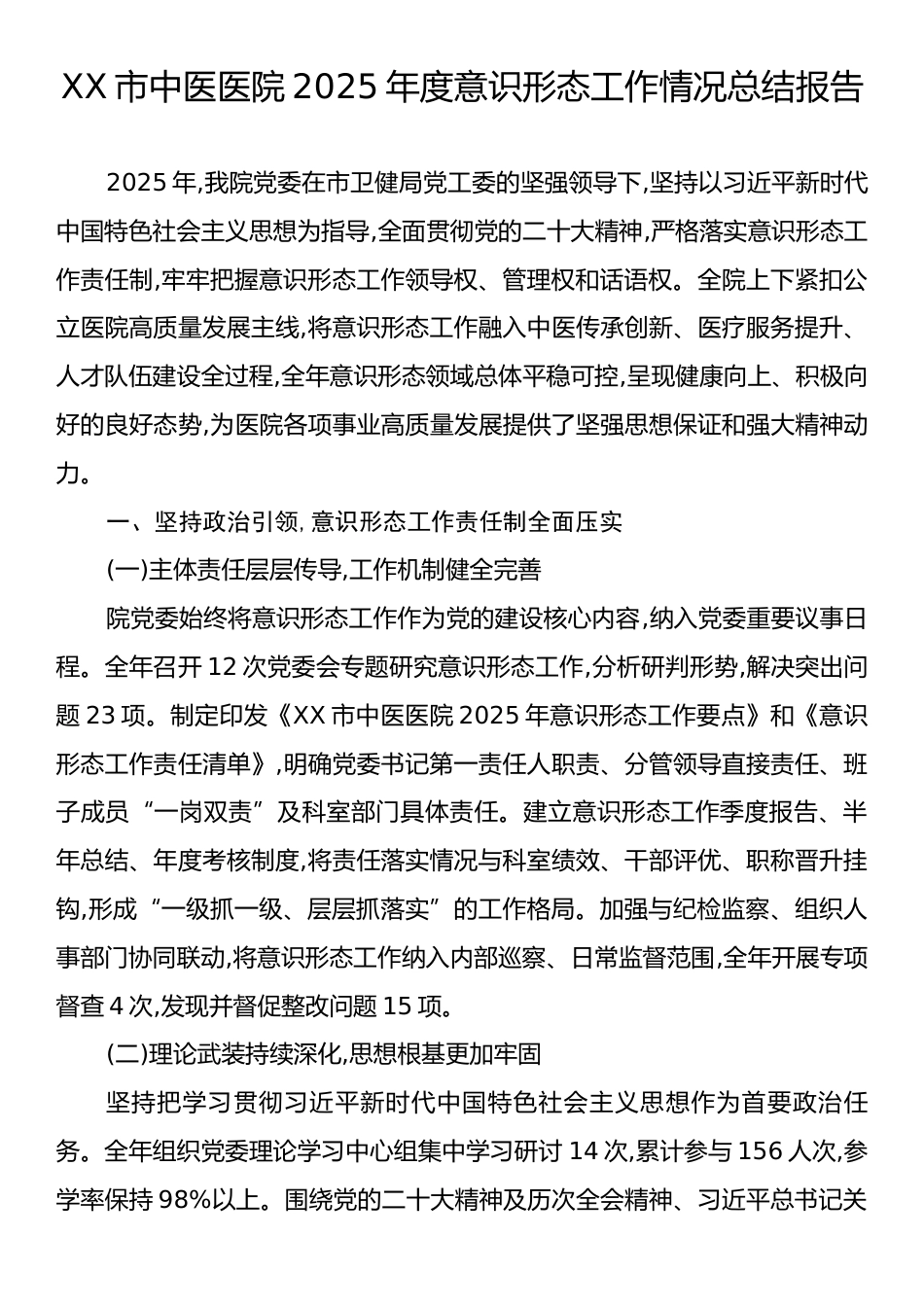 XX市中医医院2025年度意识形态工作情况总结报告.docx_第1页