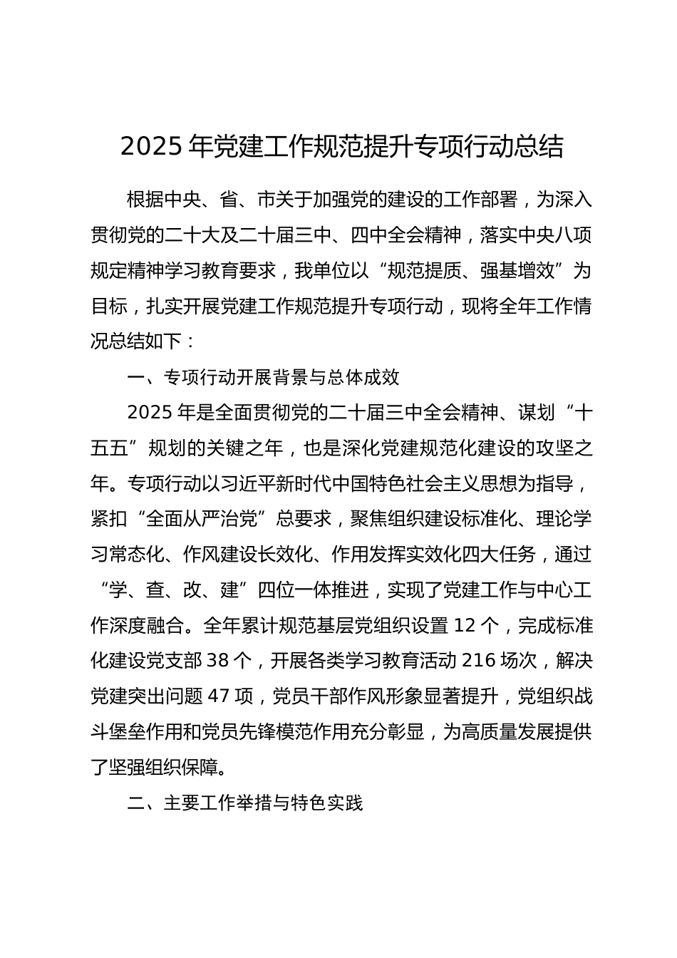 2025 年党建工作规范提升专项行动总结报告.docx_第1页