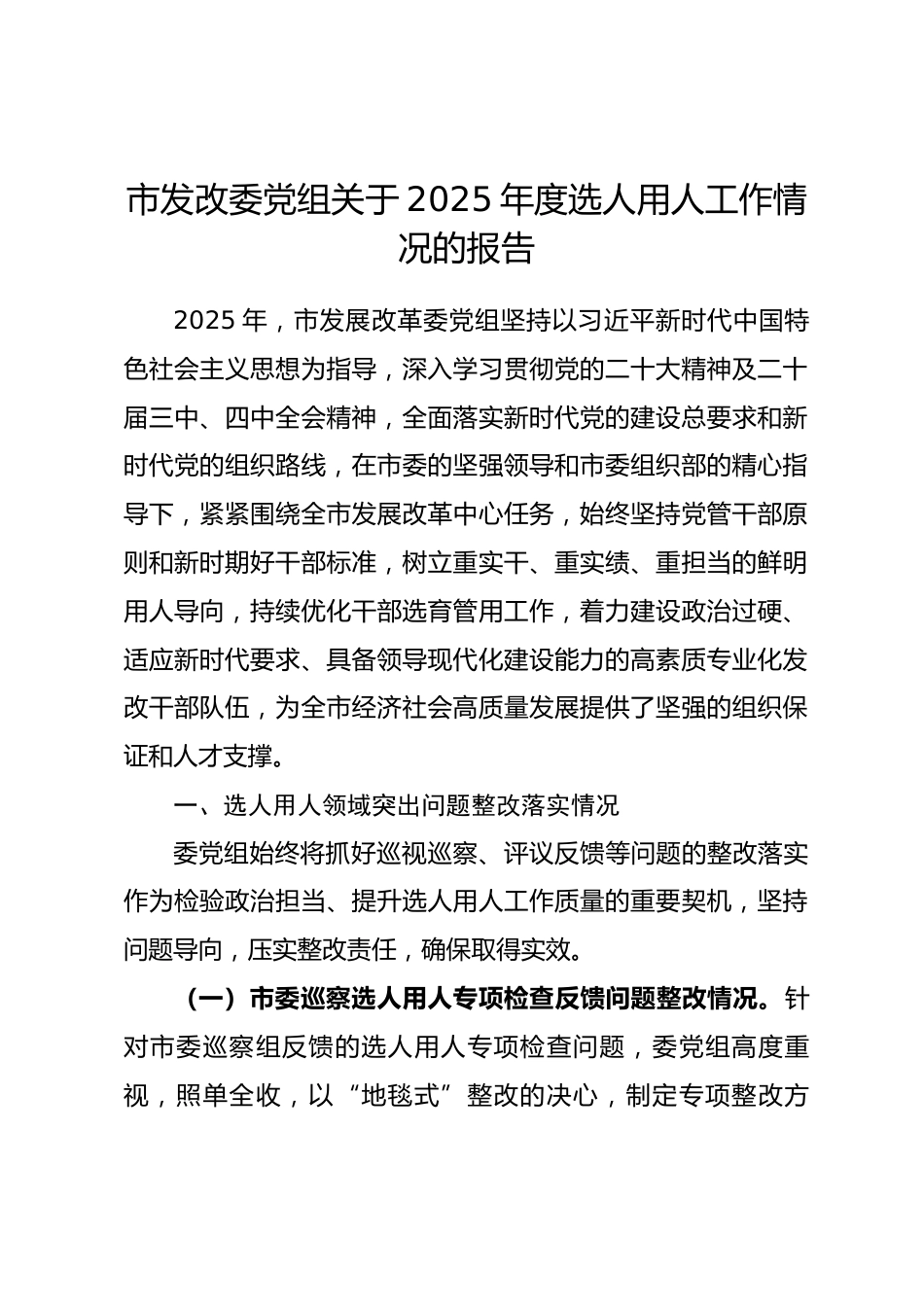 市发改委党组关于2025年度选人用人工作情况的报告.docx_第1页