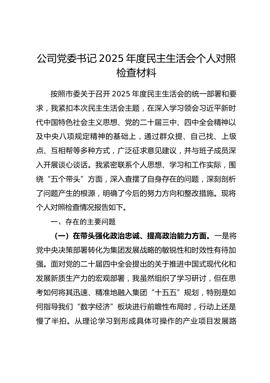 企业公司党委书记2025年度民主生活会个人对照检查材料(五个带头).docx_第1页