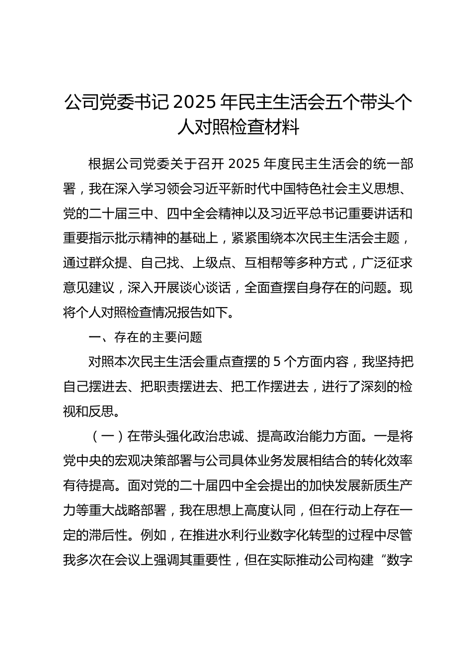 公司党委书记2025年民主生活会五个带头个人对照检查材料.docx_第1页