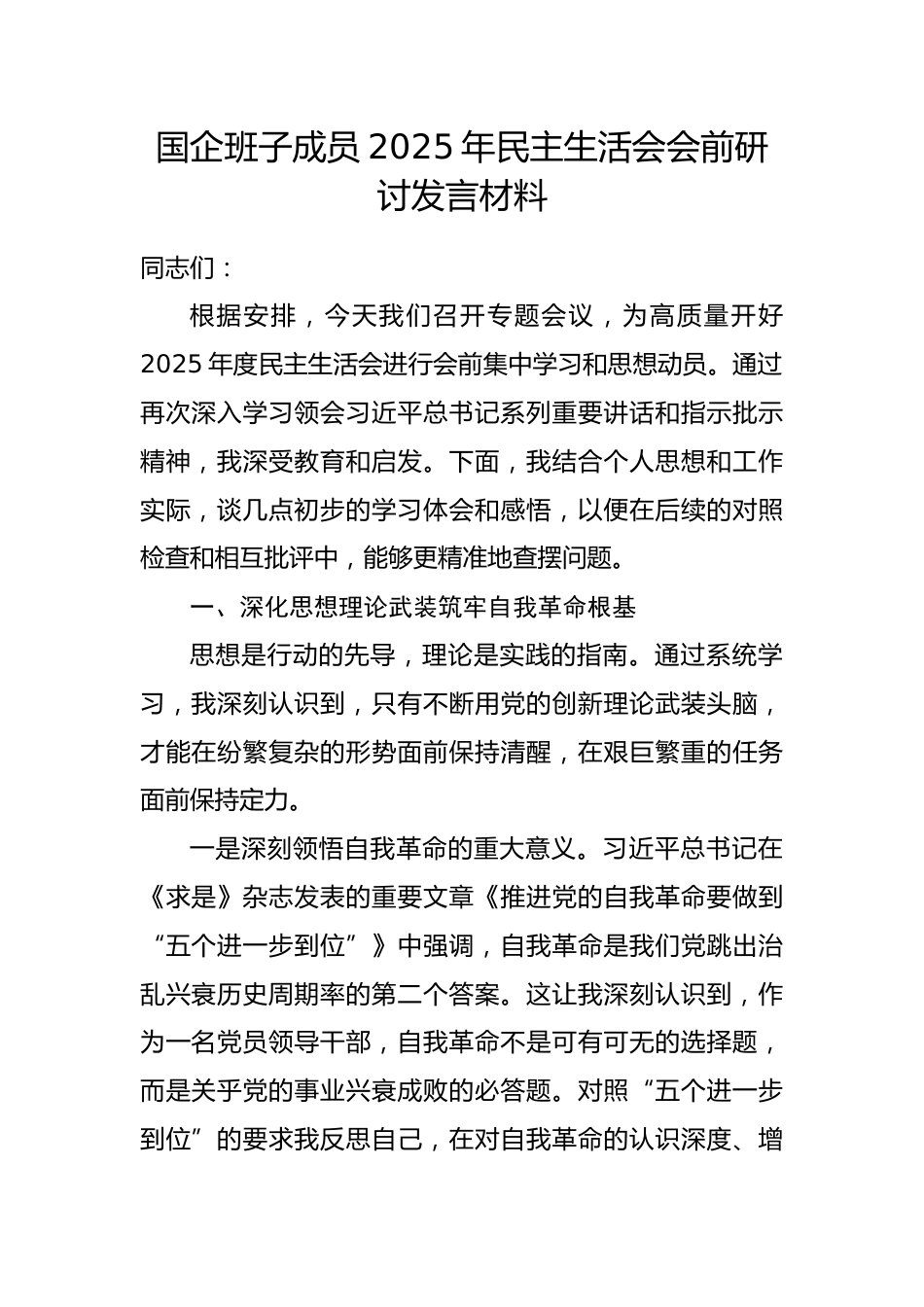 国企班子成员2025年民主生活会会前研讨发言材料.docx_第1页
