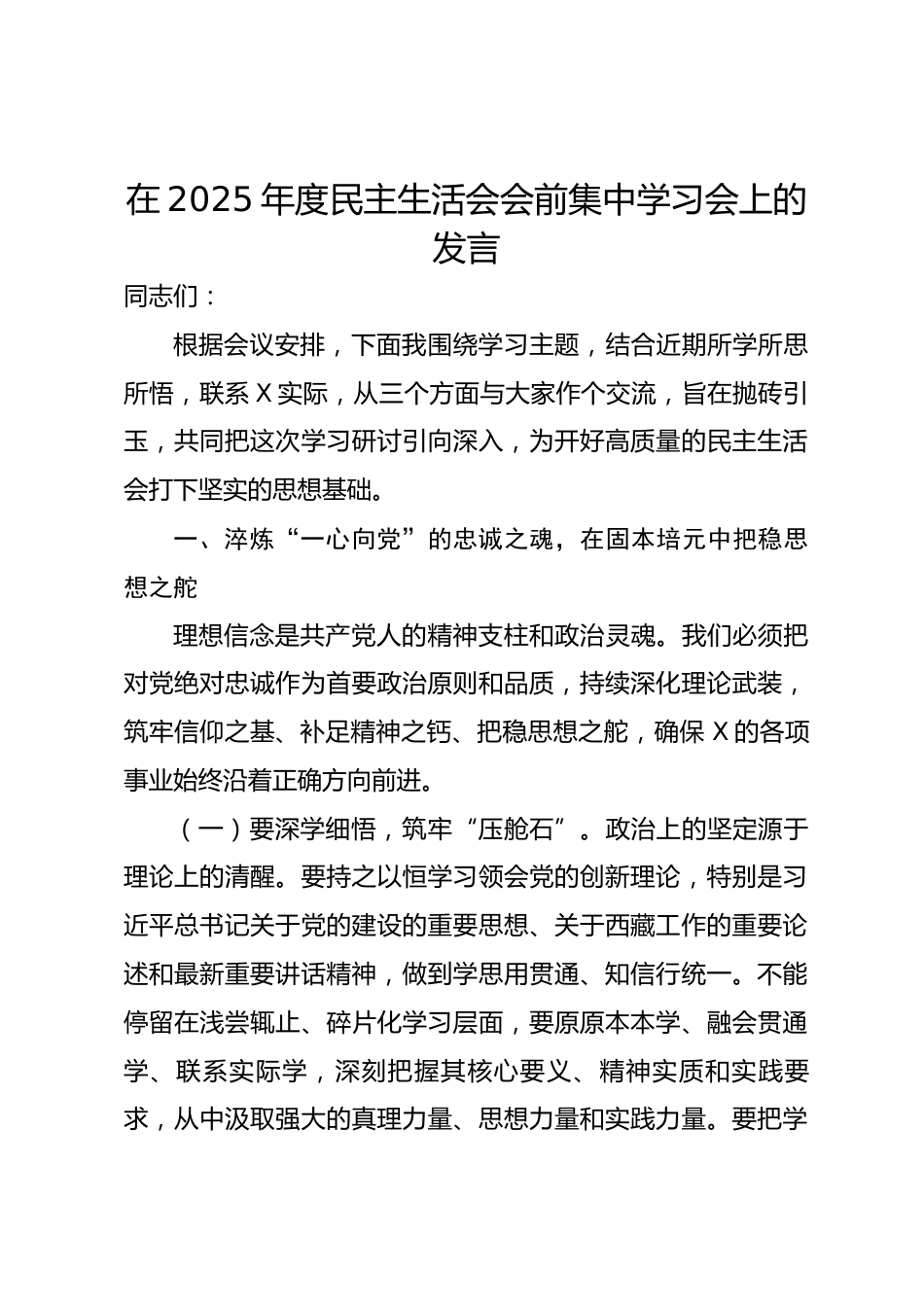 在2025年度民主生活会会前集中学习会上的发言.docx_第1页