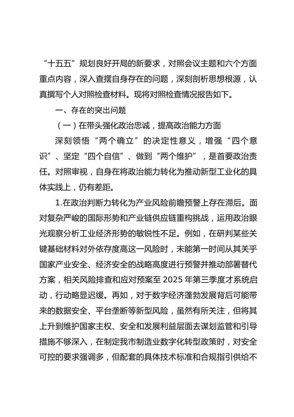 市工业和信息化局主要负责人2025年度民主生活会个人对照检视发言材料.docx_第2页