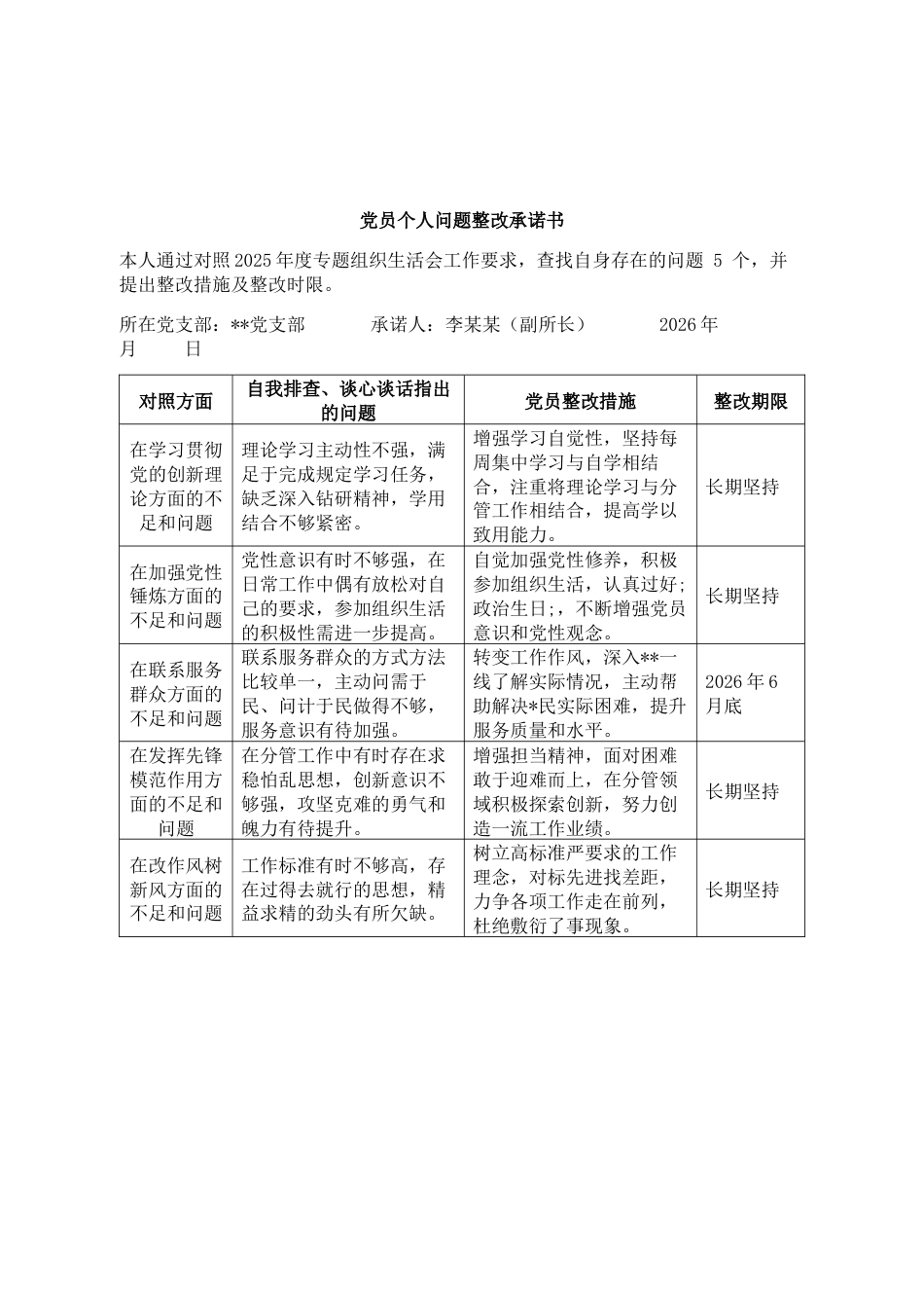 2025组织生活会党员个人问题整改承诺书汇编.docx_第2页