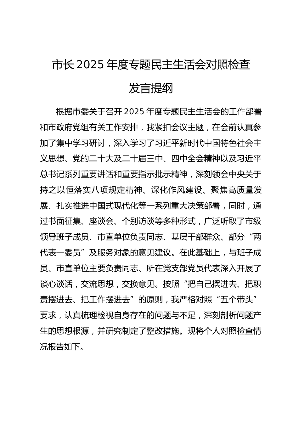 市长2025年度专题民主生活会对照检查发言提纲.docx_第1页