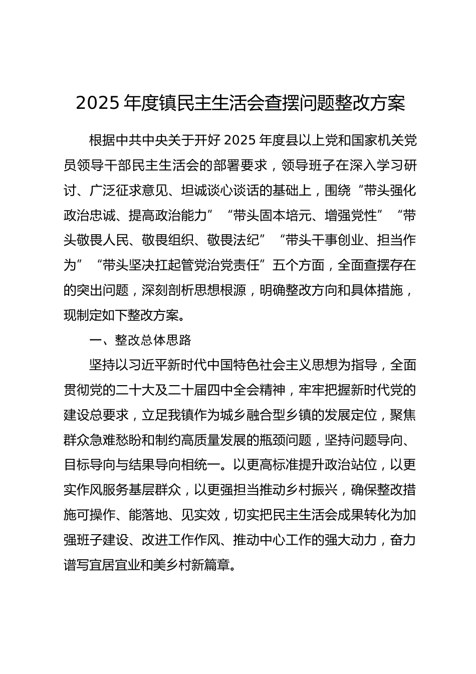 2025年度镇民主生活会查摆问题整改方案.docx_第1页