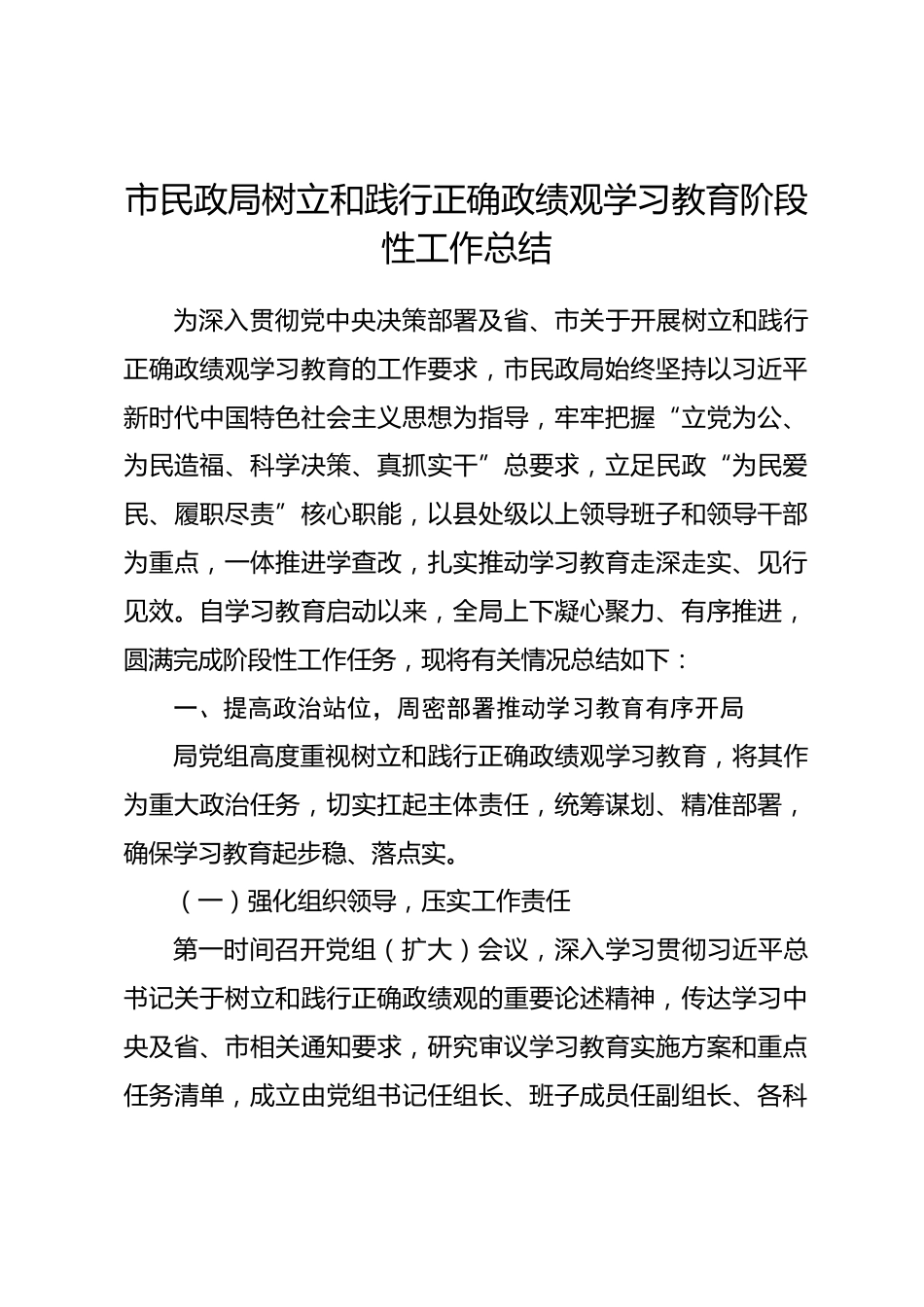 市民政局树立和践行正确政绩观学习教育阶段性工作总结.docx_第1页