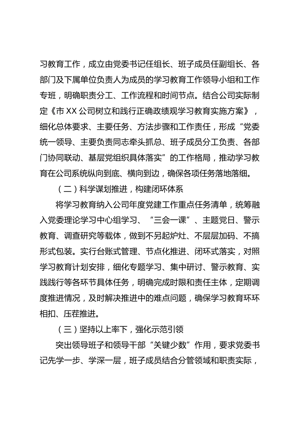 市XX公司树立和践行正确政绩观学习教育阶段性工作总结.docx_第2页