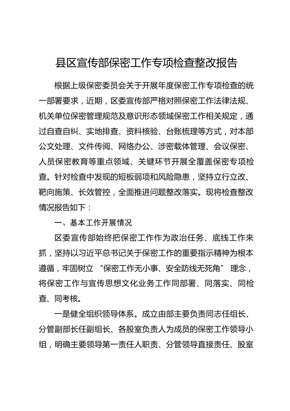 县区宣传部保密工作专项检查整改报告.docx_第1页