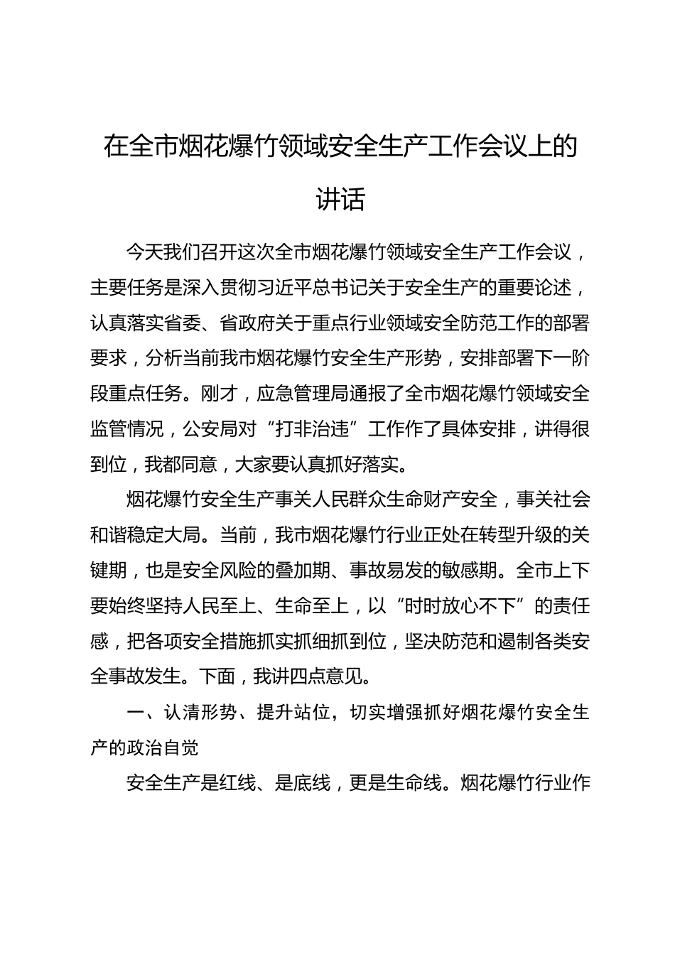 在全市烟花爆竹领域安全生产工作会议上的讲话.docx_第1页
