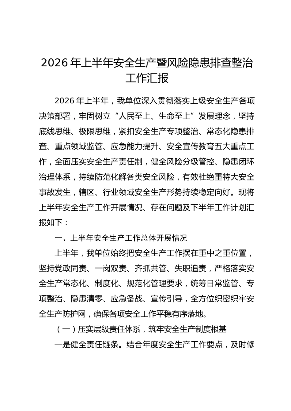 2026年上半年安全生产暨风险隐患排查整治工作汇报.docx_第1页