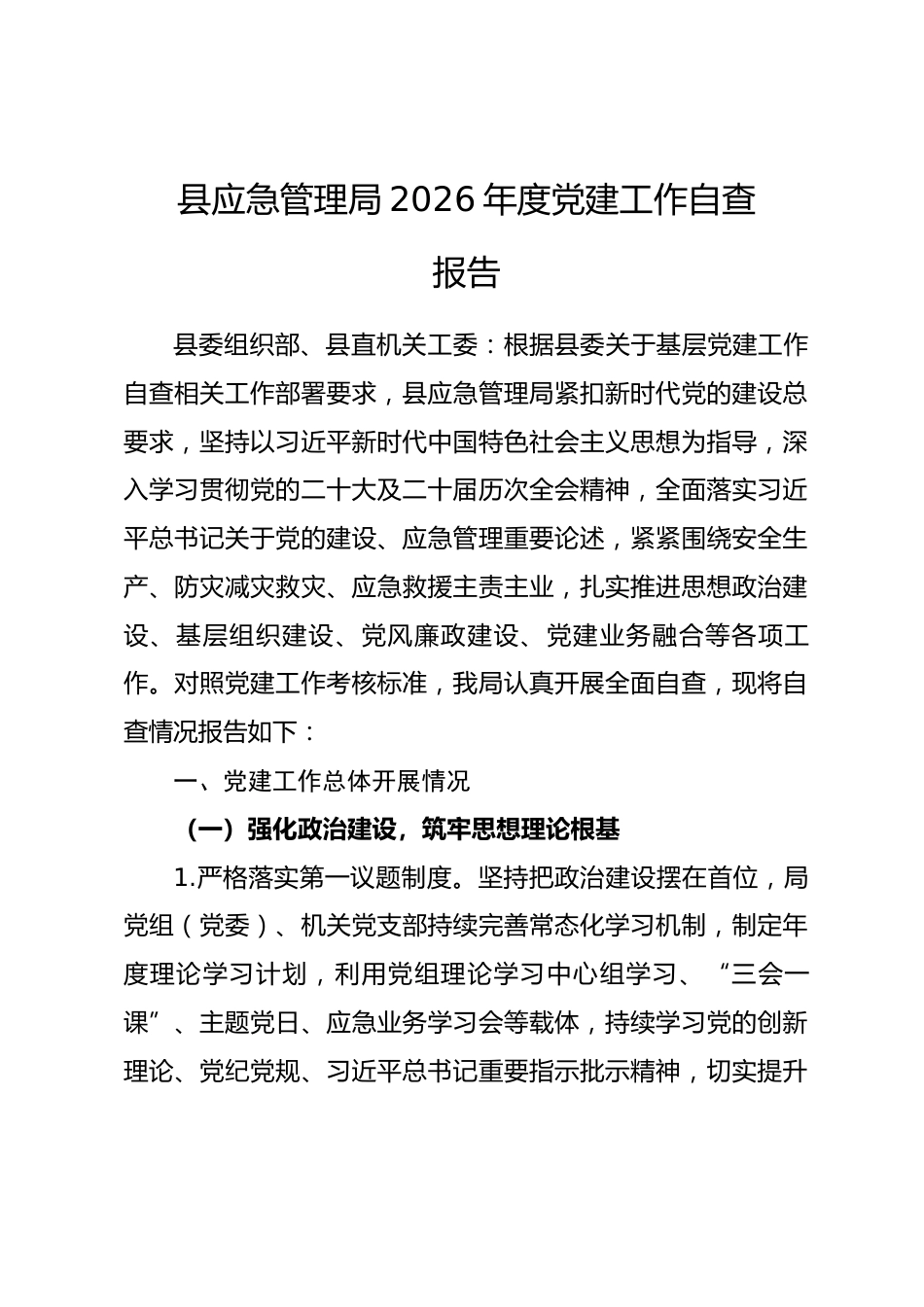 县应急管理局2026年度党建工作自查报告.docx_第1页