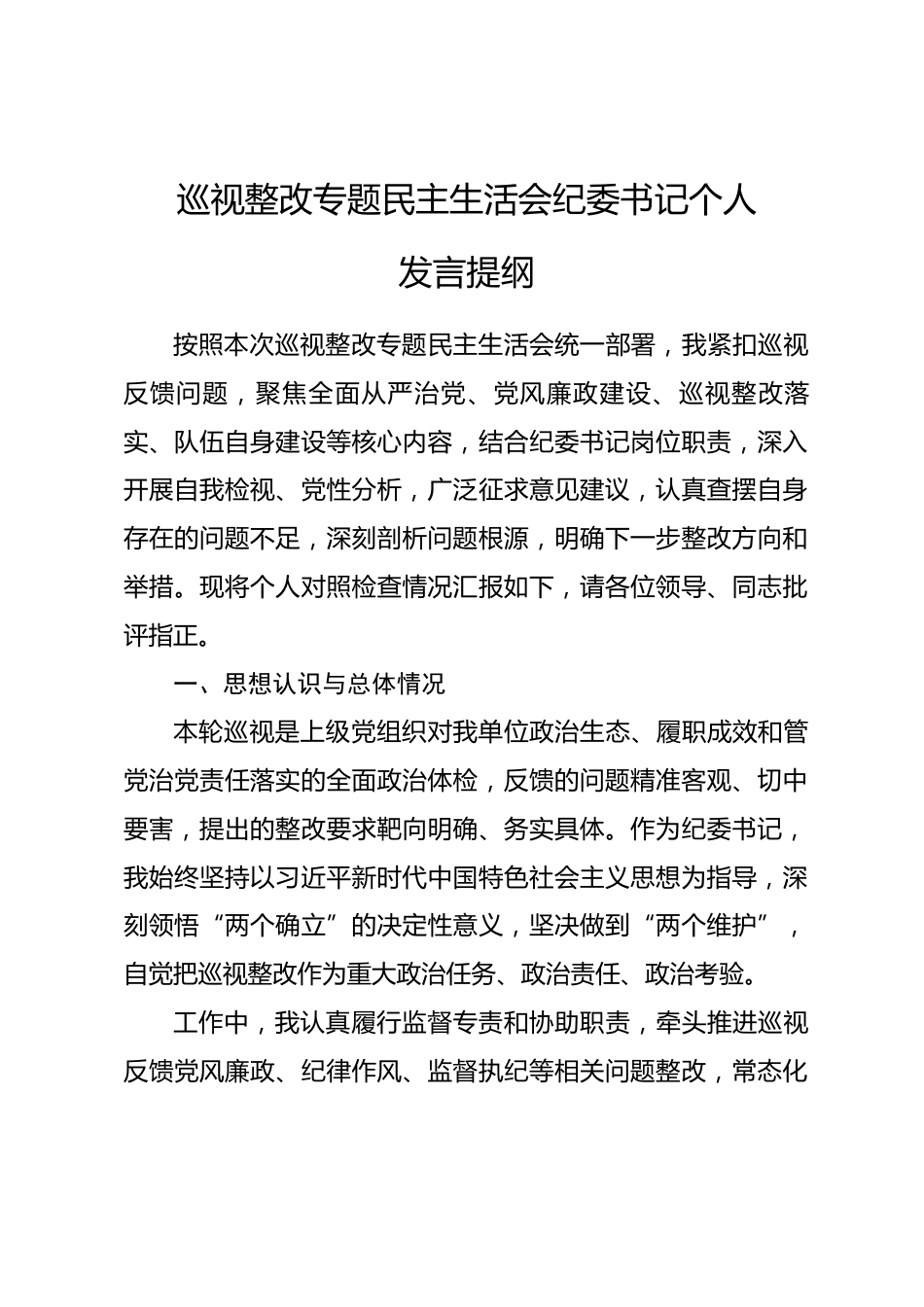 巡视整改专题民主生活会纪委书记个人发言提纲.docx_第1页