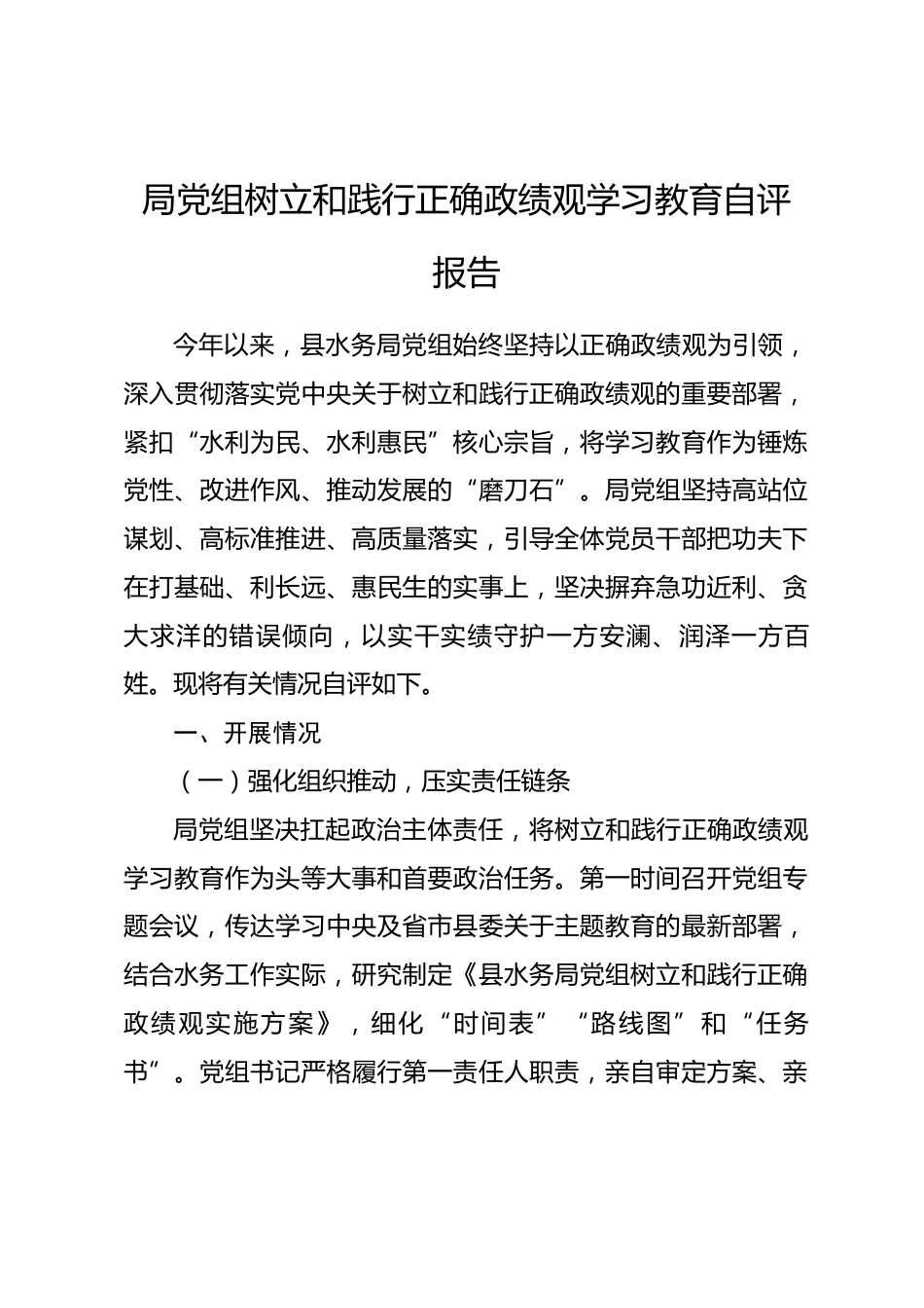 水务局党组树立和践行正确政绩观学习教育自评报告.docx_第1页
