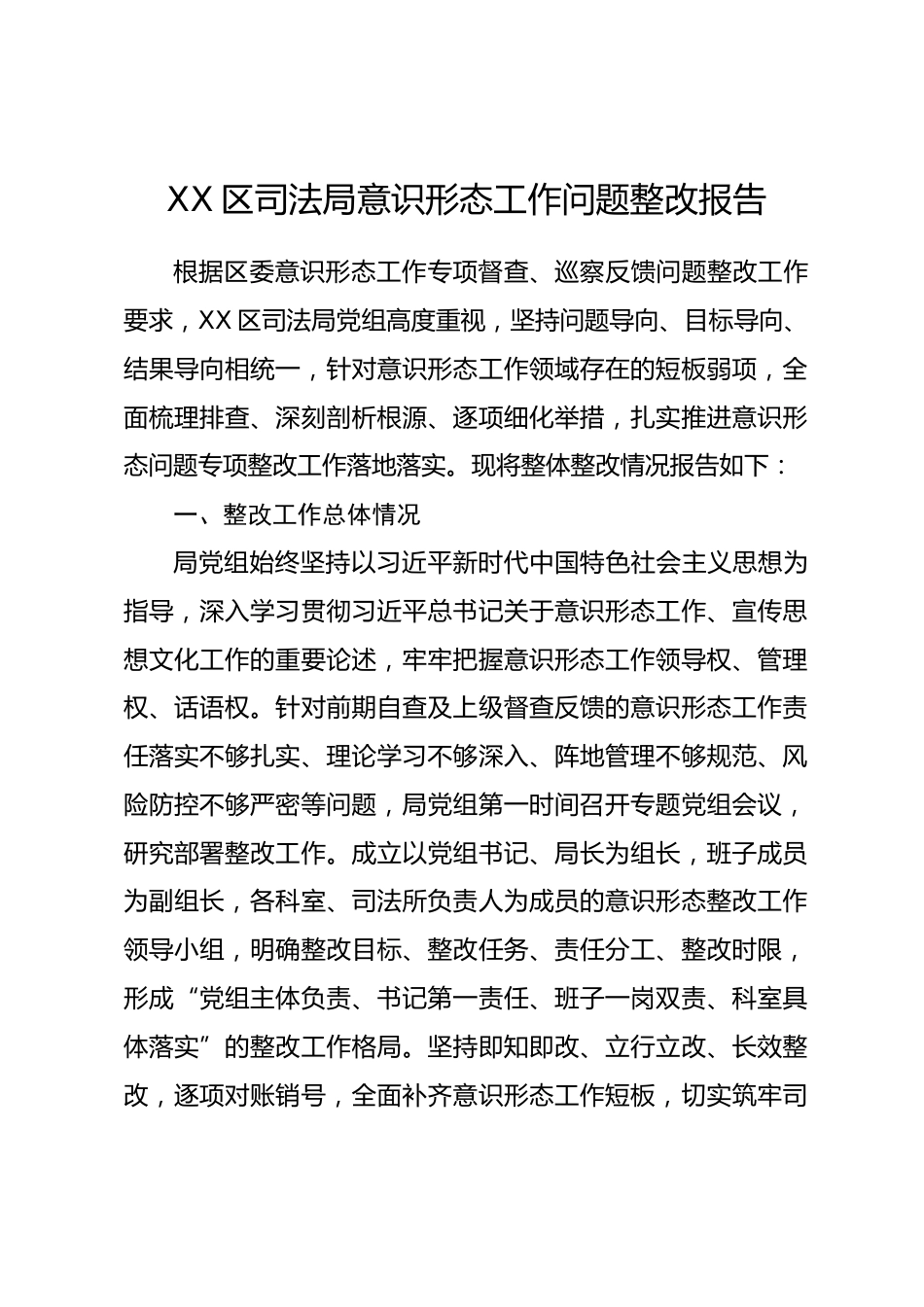 XX区司法局意识形态工作问题整改报告.docx_第1页