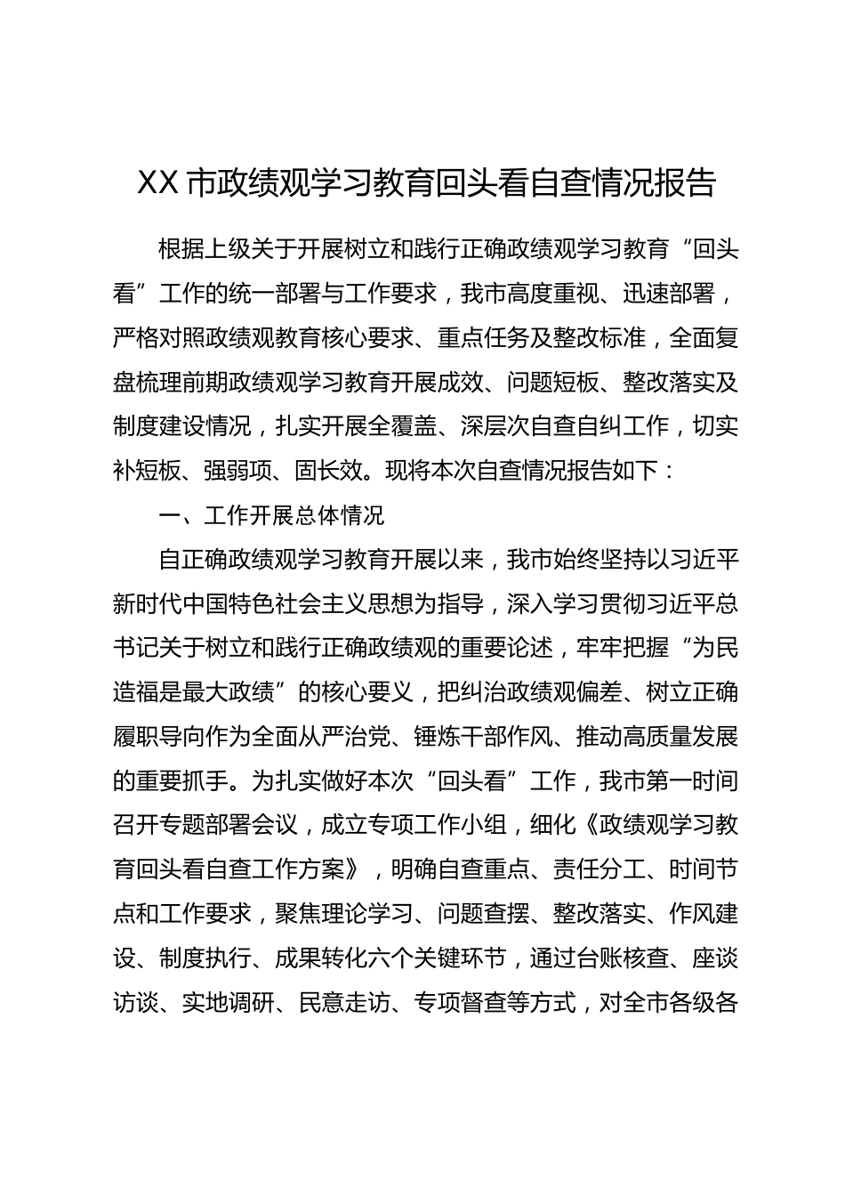 XX市政绩观学习教育回头看自查情况报告.docx_第1页